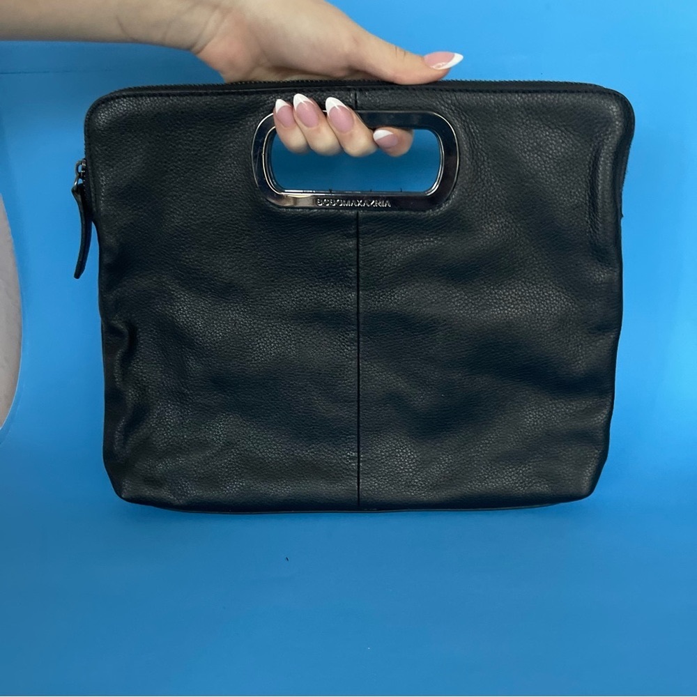 BCBGMaxAzria Leather black bag clutch with silver holders.